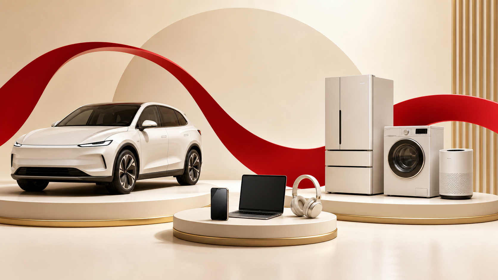 Conceptual illustration of an electric vehicle, consumer electronics and home appliances representing CHINA2050 product themes.